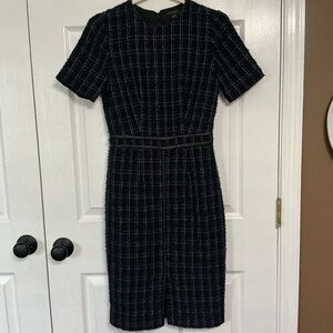 Ann Taylor fitted sheath-style dress in navy blue tweed and faux leather detail